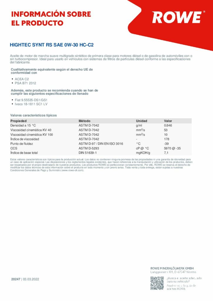 Aceite Rowe Hightec Synt RS 0w30 HC-C2 (5 Litros) - Rephaus Repuestos